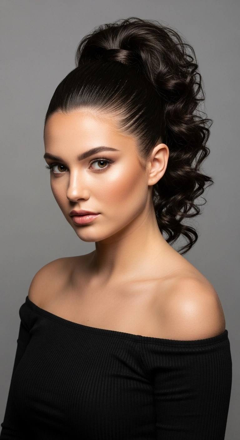 A black woman with a high-shine slick back ponytail with a voluminous 4c puff.