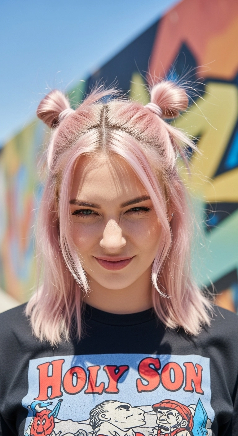 Woman with pastel pink hair in two high pigtail buns