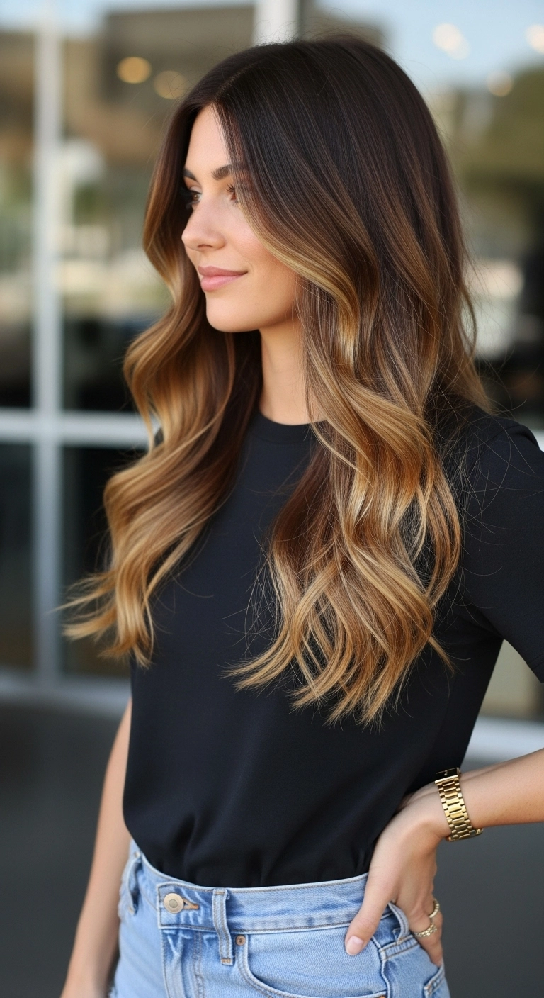 A woman with a rooty golden brunette hair color and beachy waves.