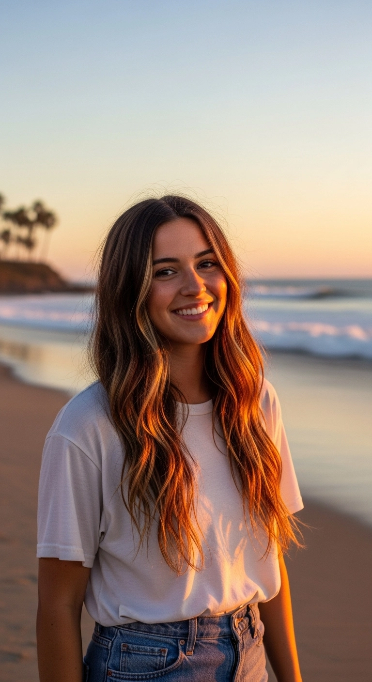 A woman with natural, sun-kissed brunette hair on a beach at sunset.