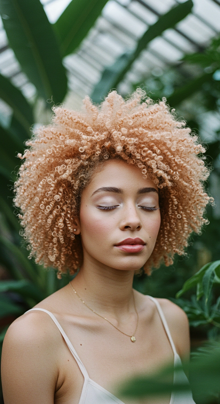 woman with a short 4c afro dyed a soft pastel daffodil yellow