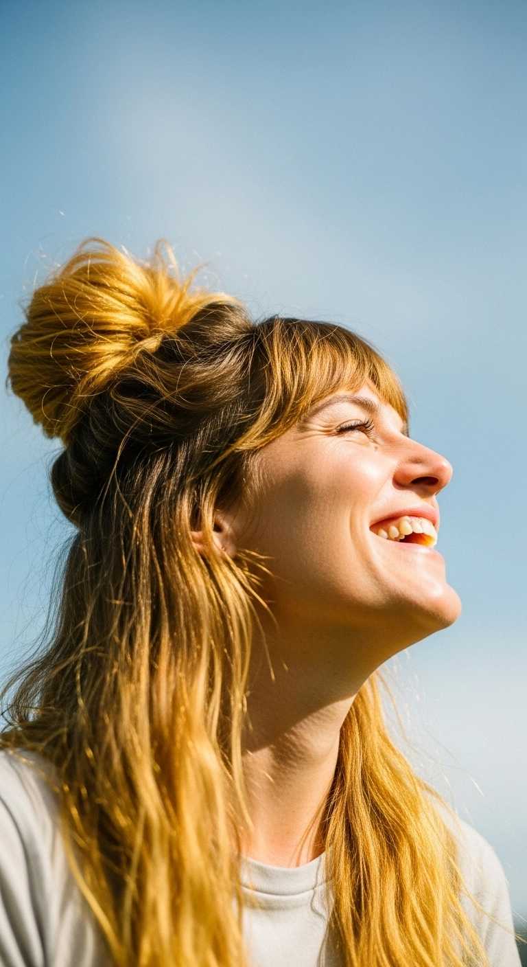 woman with long dandelion yellow hair styled in a messy top knot