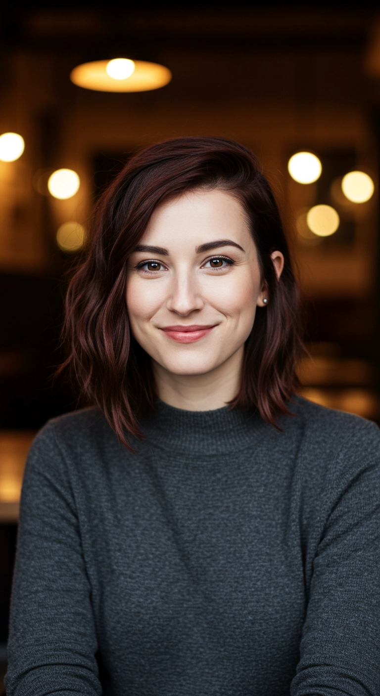 A woman with auburn hair and a subtle zig zag part styled to the side.
