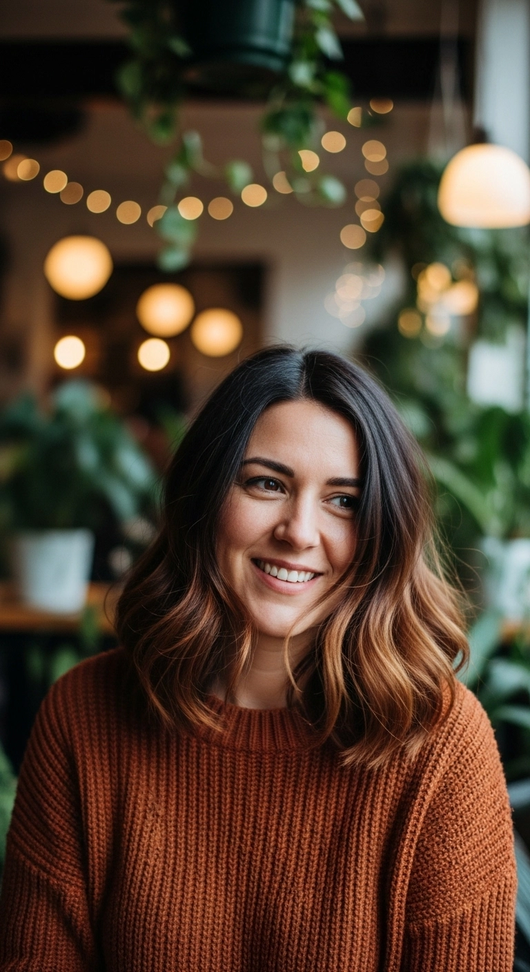 A laughing woman with dark brown hair and a warm cinnamon swirl balayage in a cafe.