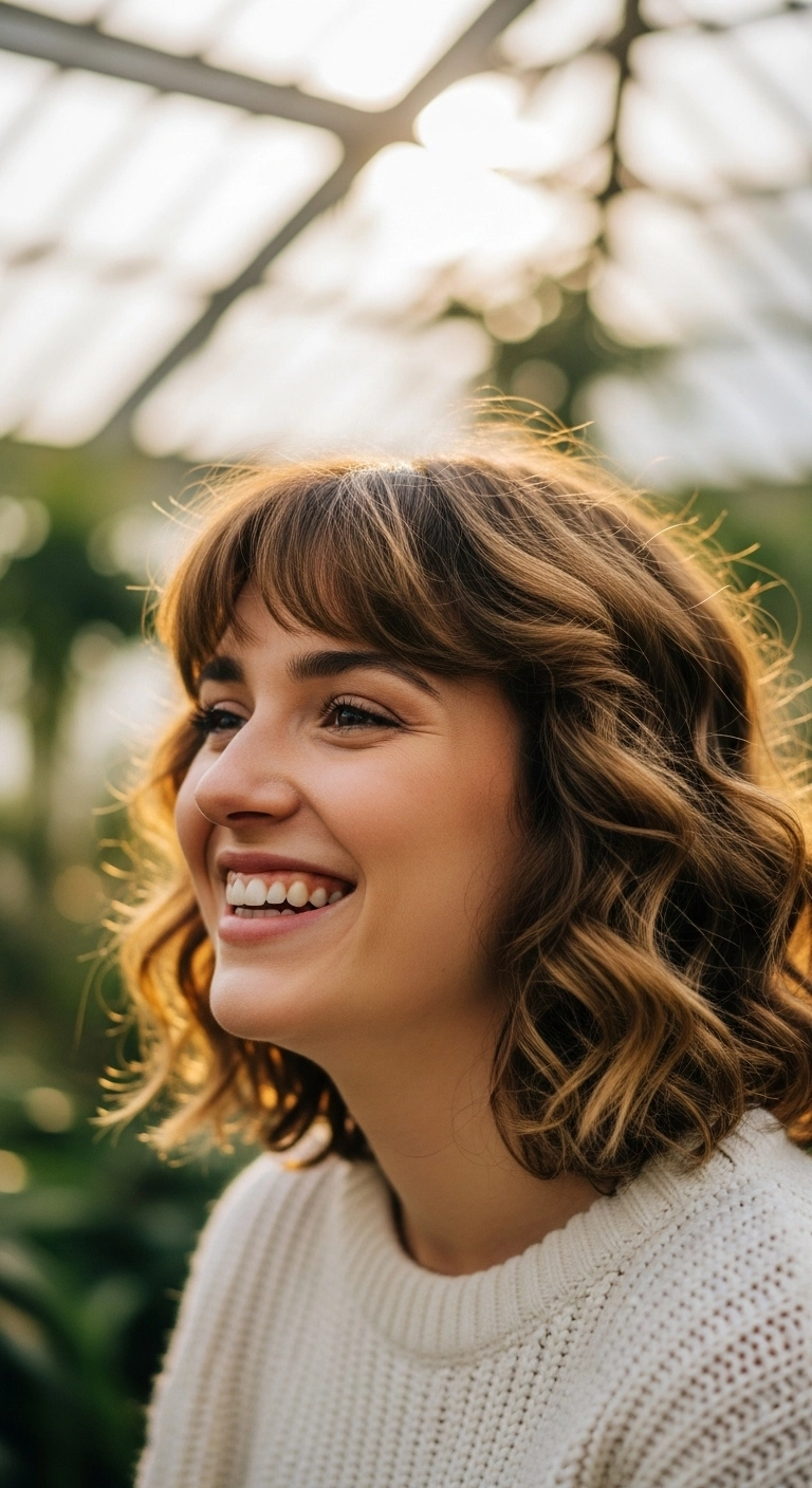 A smiling woman with honey brown hair in face-framing layers inside a sunny greenhouse.