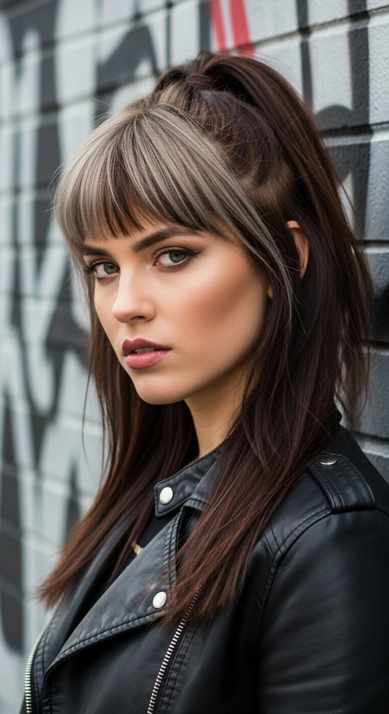 A woman with a bold two-tone brown hairstyle, light on top and dark underneath.