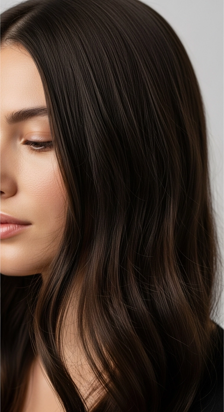 A close-up shot of a woman's dark brown hair with very subtle, fine babylights.