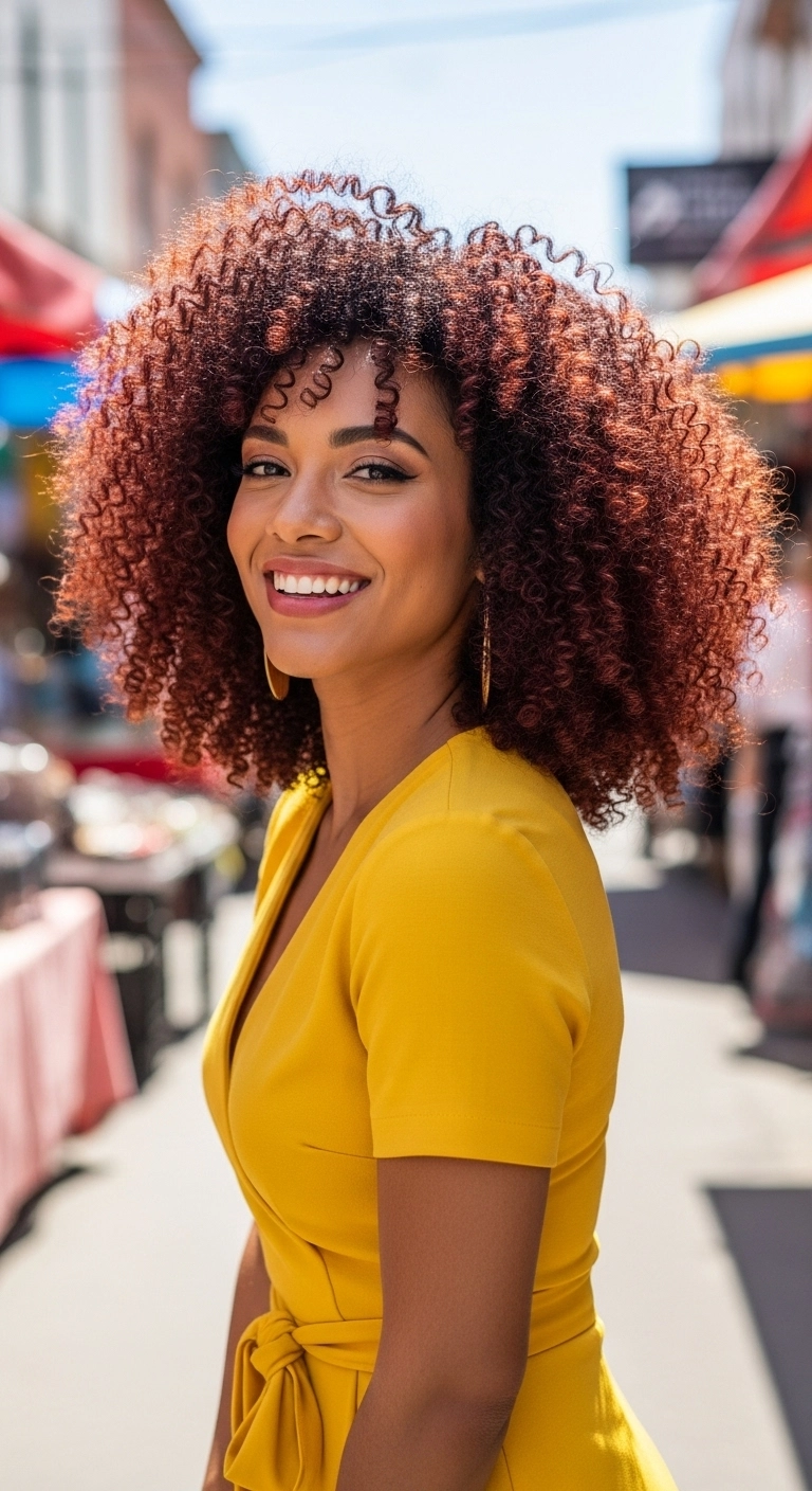 A joyful Latina woman with voluminous rich mahogany brown curls in a colorful market.