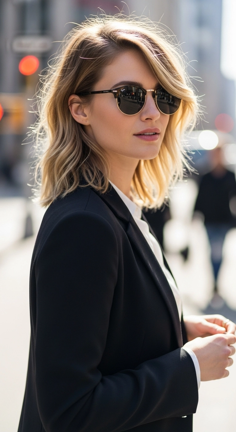 A woman with an angled forward layered hush cut in sandy blonde, walking in a city.