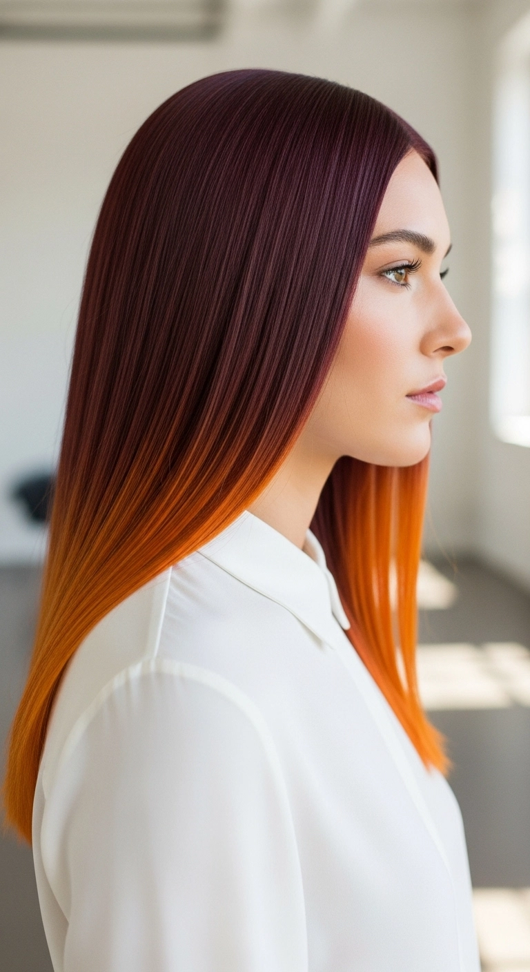A side profile showing a seamless color melt from deep mahogany roots to bright pumpkin spice tips on long, sleek hair.