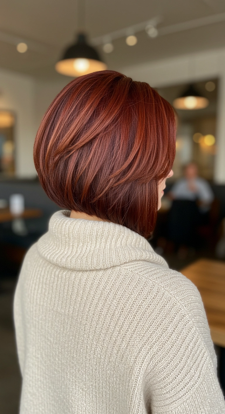 A woman with a voluminous inverted bob with stacked layers in a rich auburn color.