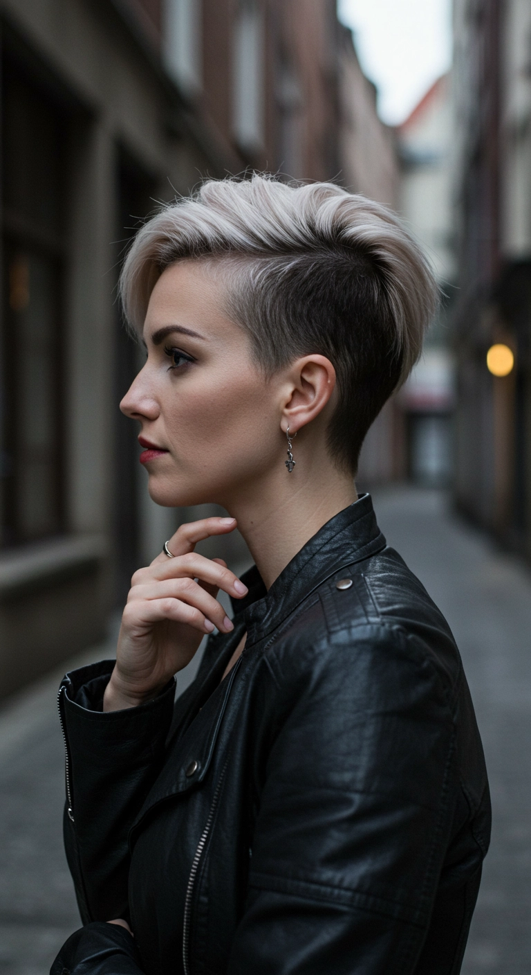 A profile view of a woman with a platinum blonde pixie cut and a dark undercut.