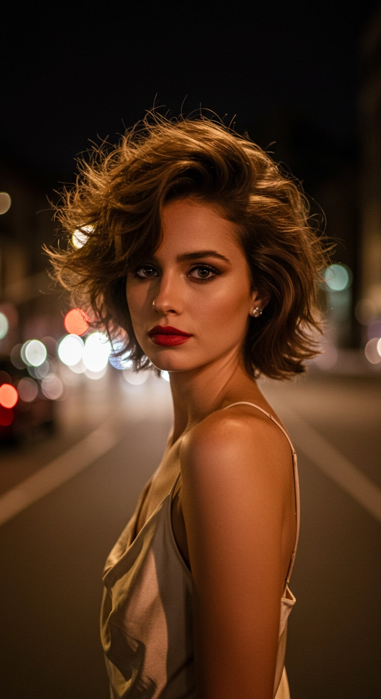 A glamorous woman with a voluminous 90s blowout styled on her short wolf cut.