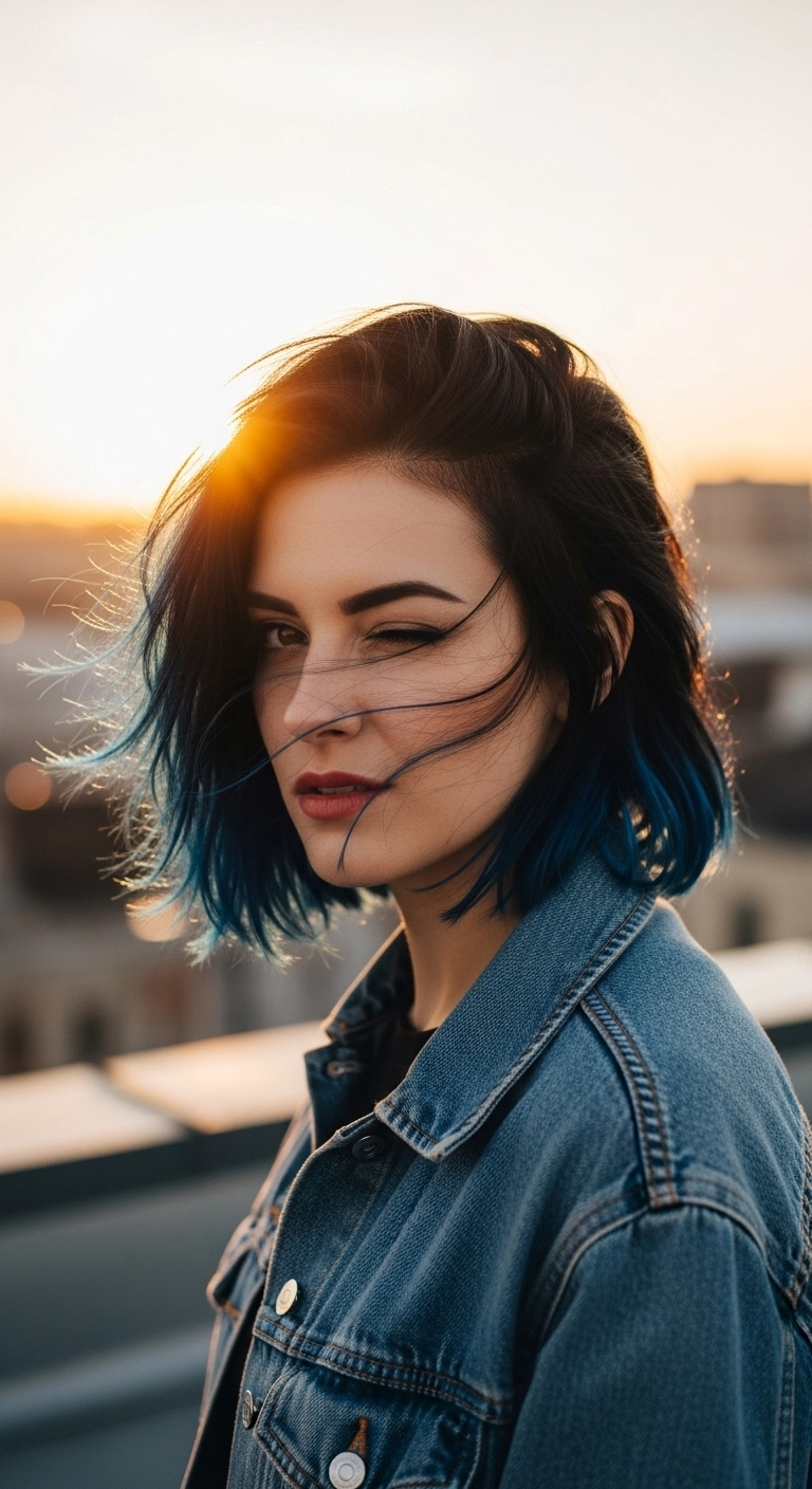 A woman with a black short wolf cut with electric blue peekaboo highlights revealed by the wind.