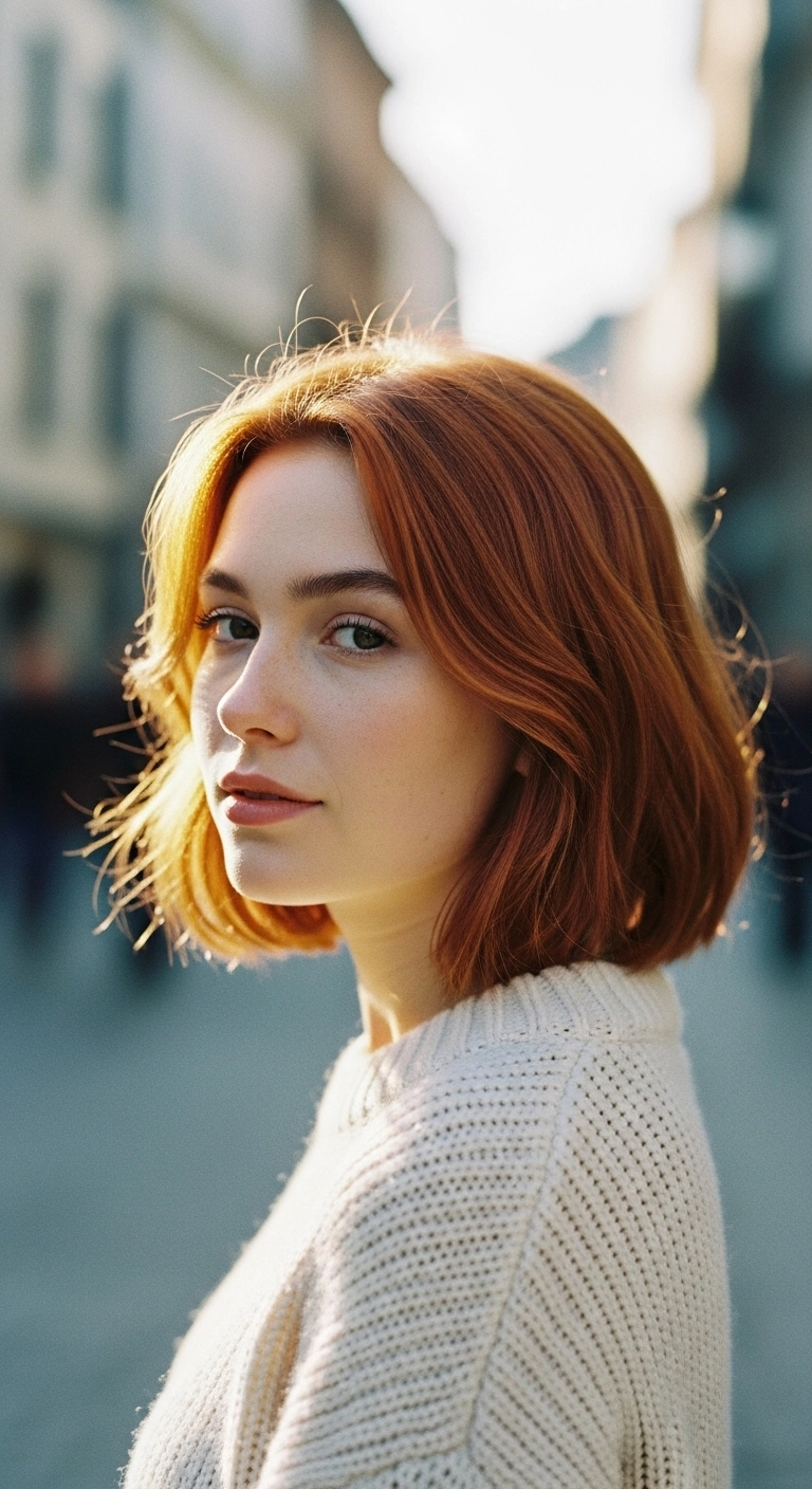 A woman with a vibrant copper red short wolf cut and fair skin, pictured on a European street.