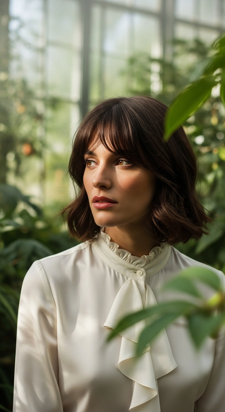 An elegant woman with a soft short wolf cut and curtain bangs in a dark chocolate brown shade.
