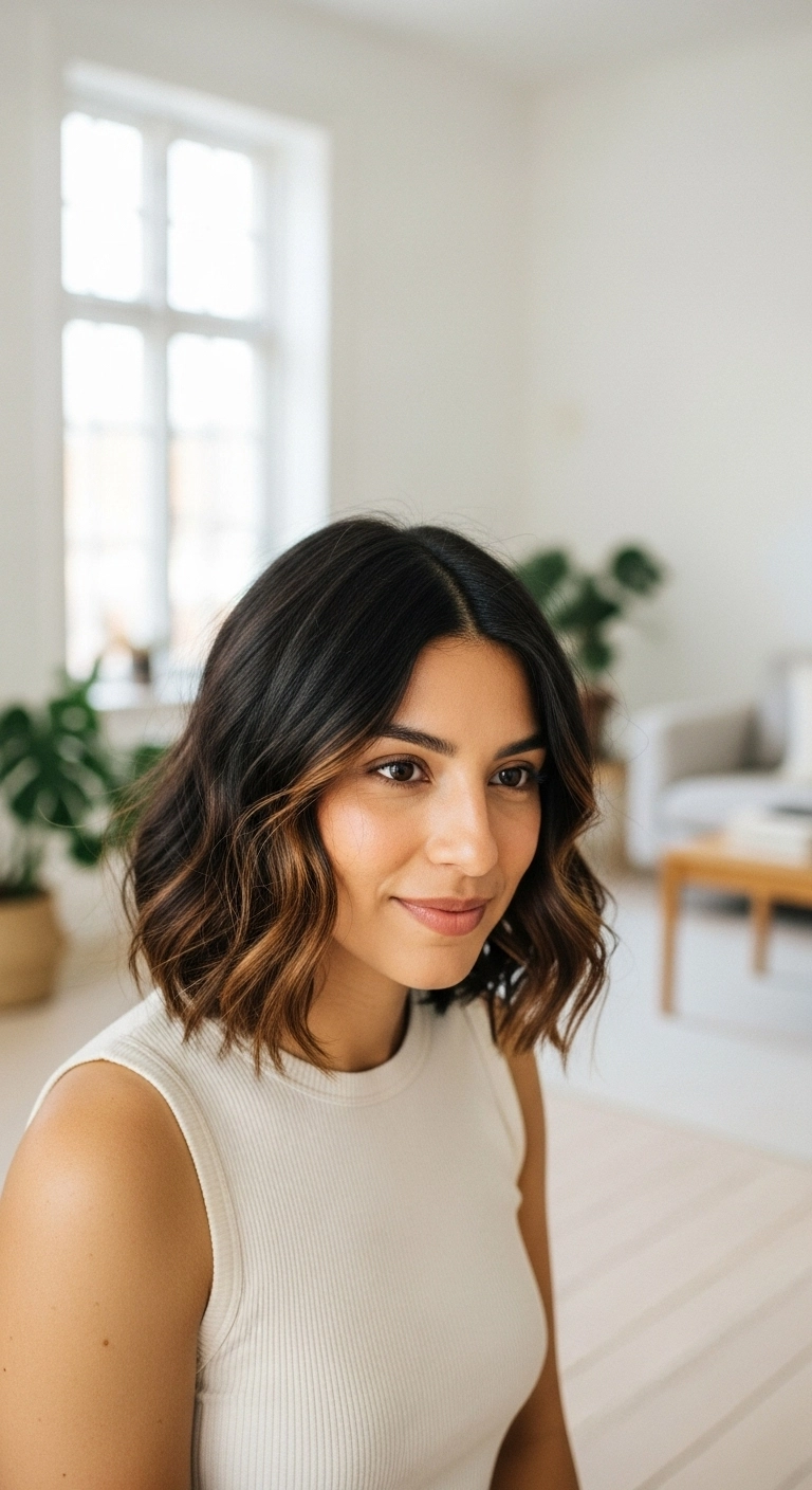 A woman with a beautiful sun-kissed brunette short wolf cut featuring subtle caramel balayage.