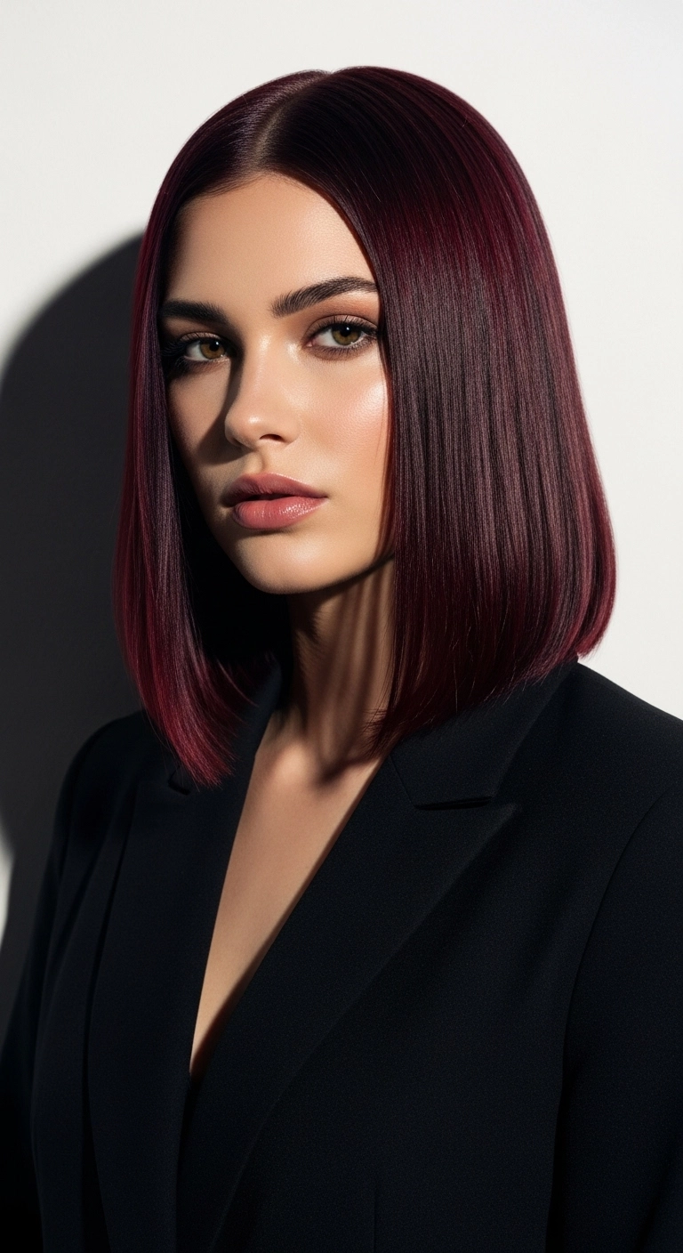 A woman with a sleek long bob, featuring a burgundy balayage with a dark red hue on a dark brown base, looking confidently at the camera.