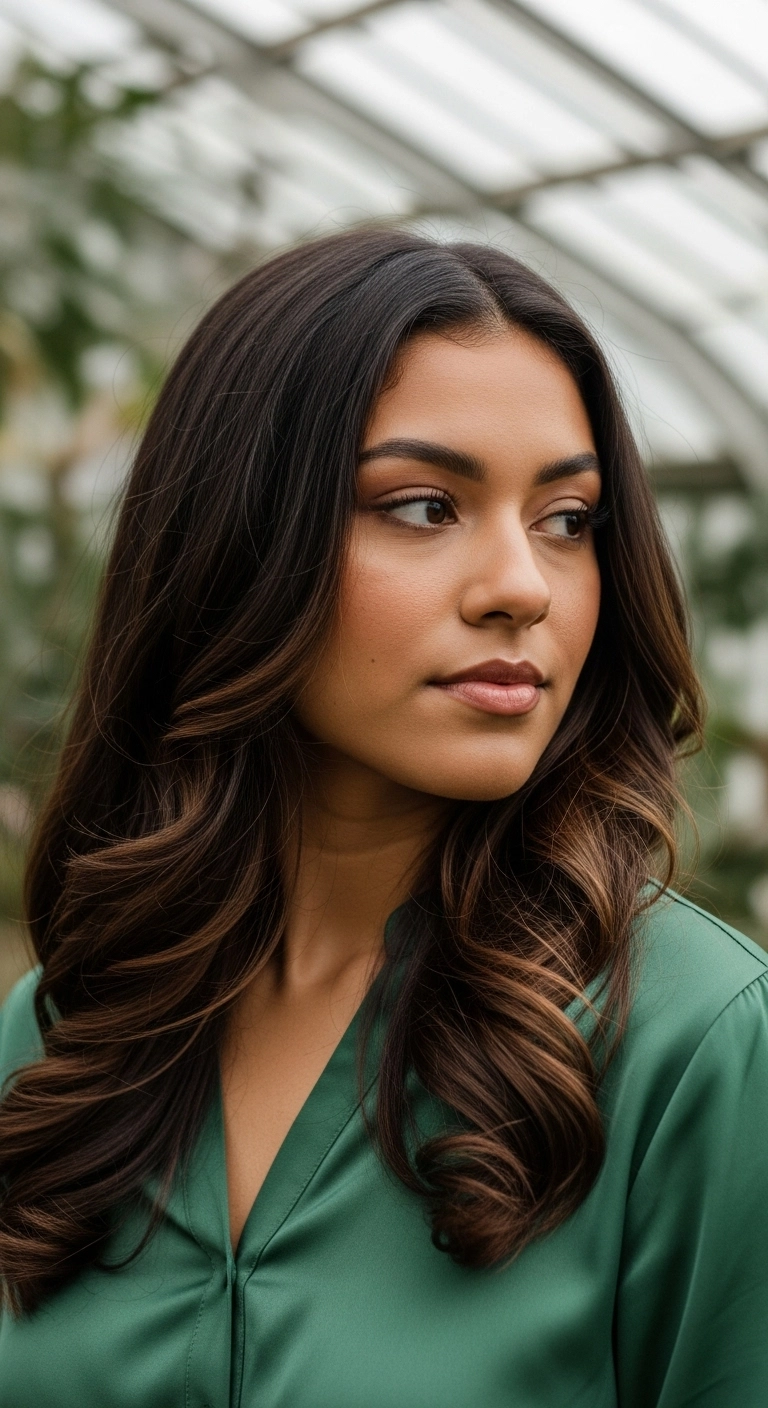 A close-up of a woman with long espresso brown hair and subtle toffee babylights.