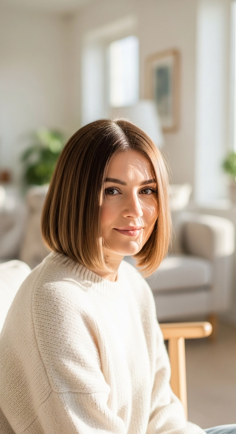 A woman with a warm, milk chocolate brown lob haircut in a cozy sweater.