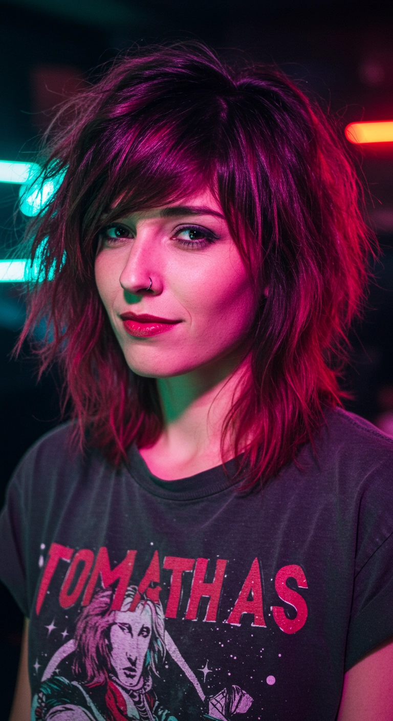 A woman with a textured shag haircut and a vibrant raspberry-burgundy balayage.