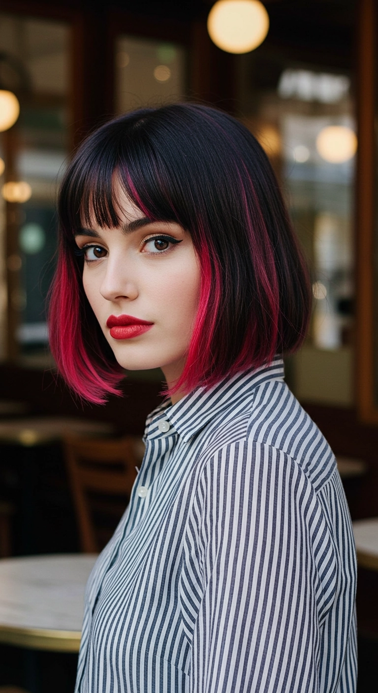 A woman with a dark French bob haircut featuring bright cranberry-red highlights.