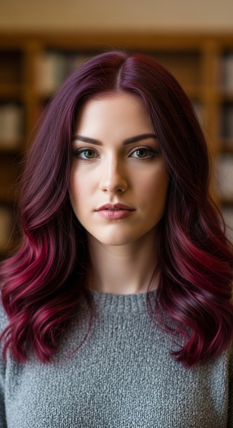 A woman with vibrant cherry red hair and subtle crimson lowlights styled in loose waves.