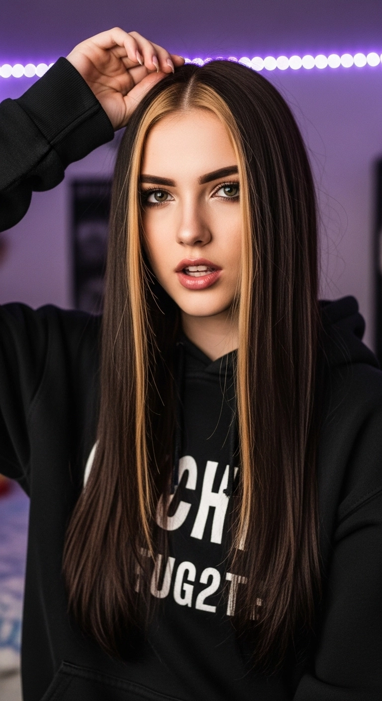 A young woman with long chocolate hair featuring two thick, high-contrast caramel streaks at the front in an E-girl style.