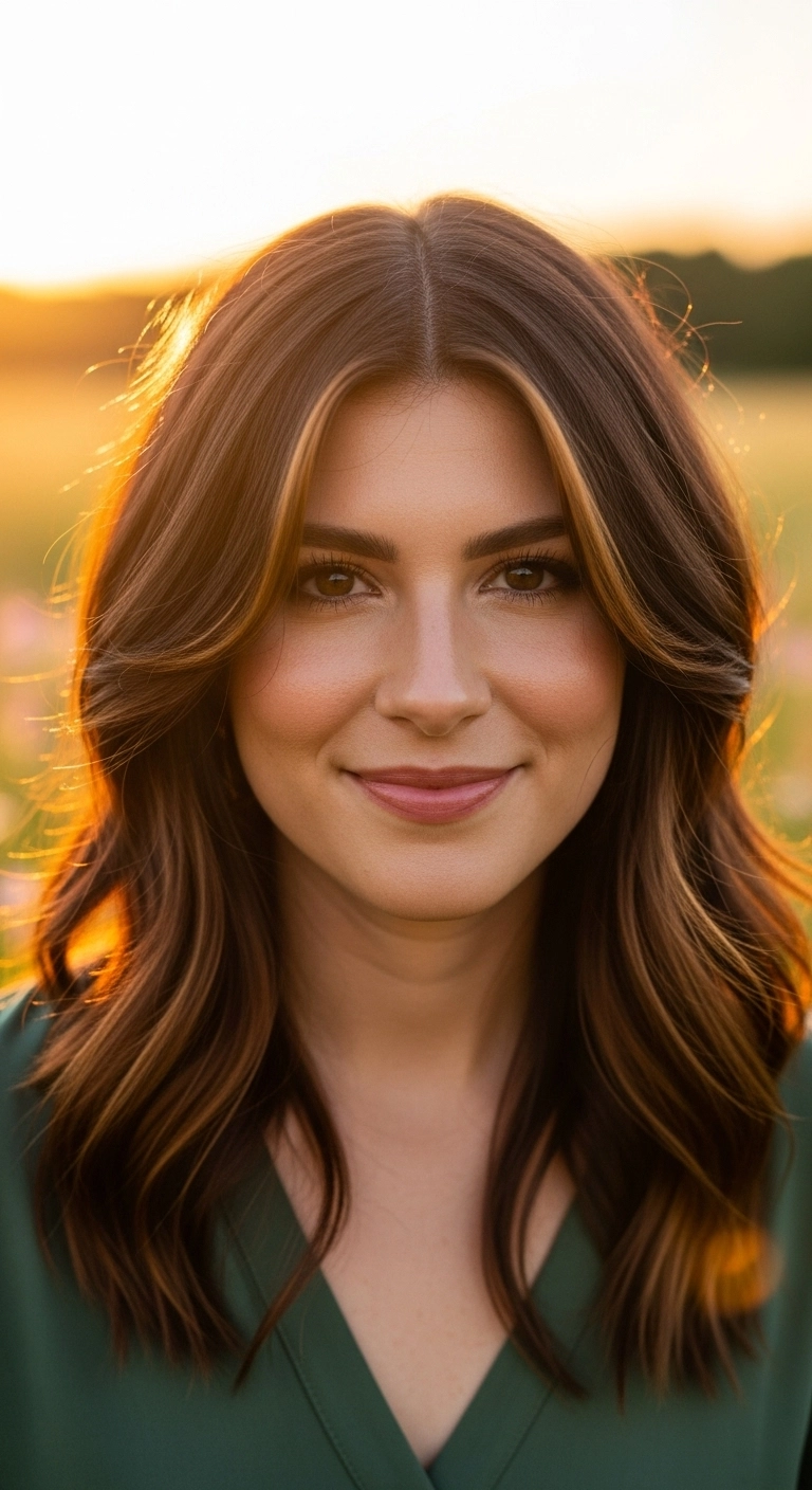 A woman with a long, layered chocolate brown haircut with golden caramel highlights focused on the face-framing layers.