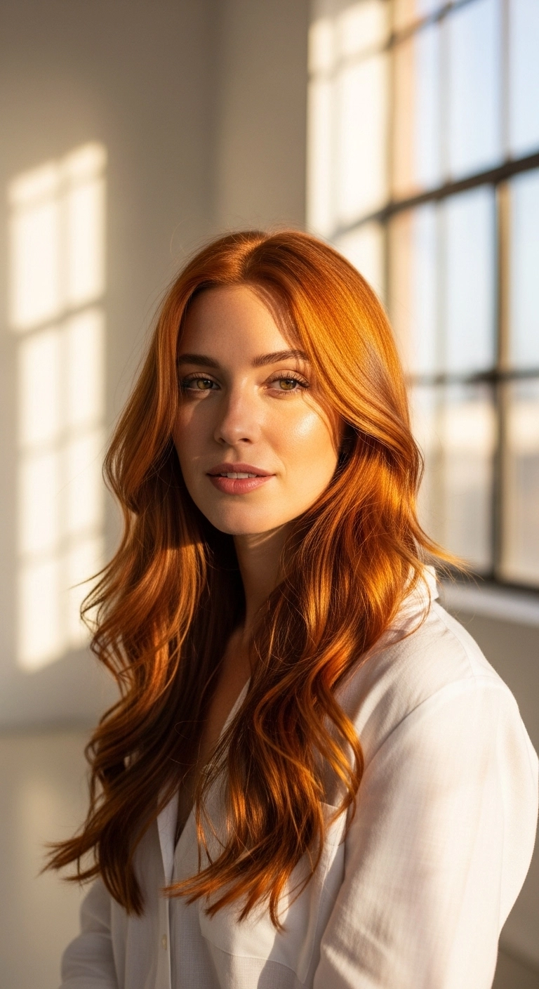 A woman with long, bright copper wavy hair smiling in a sunlit room.
