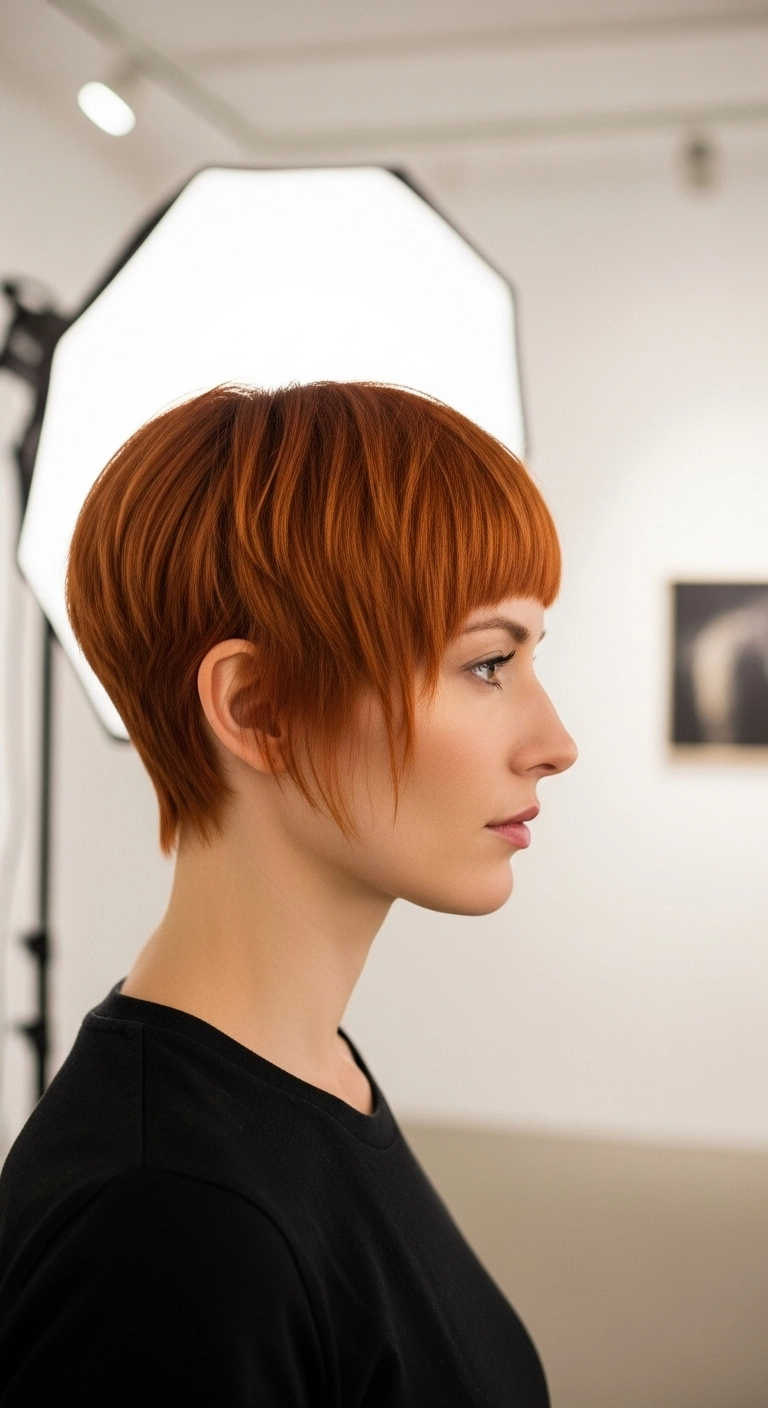 A woman with a bold and fiery copper-colored pixie haircut, seen from the side.