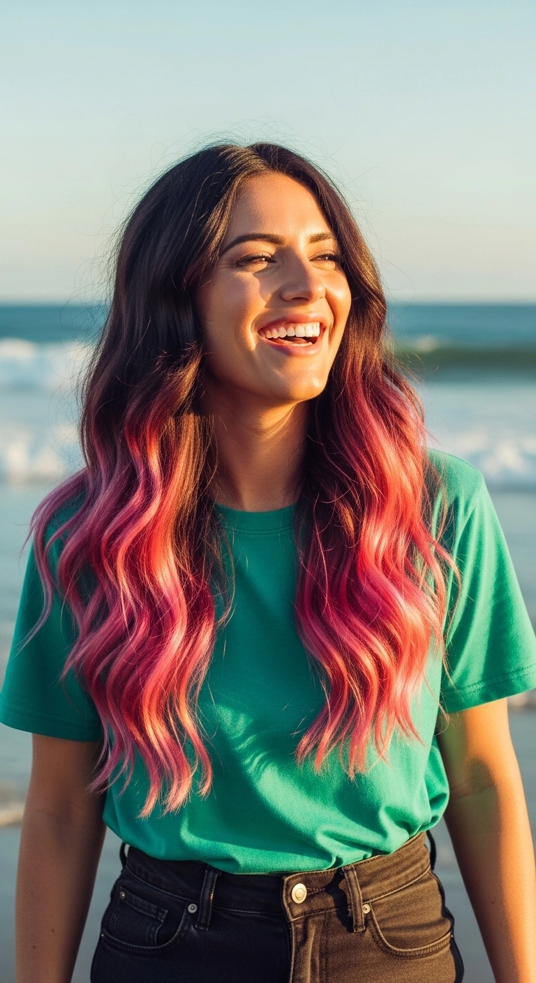 A woman on a beach with long dark brown hair that has a bright watermelon pink ombré.