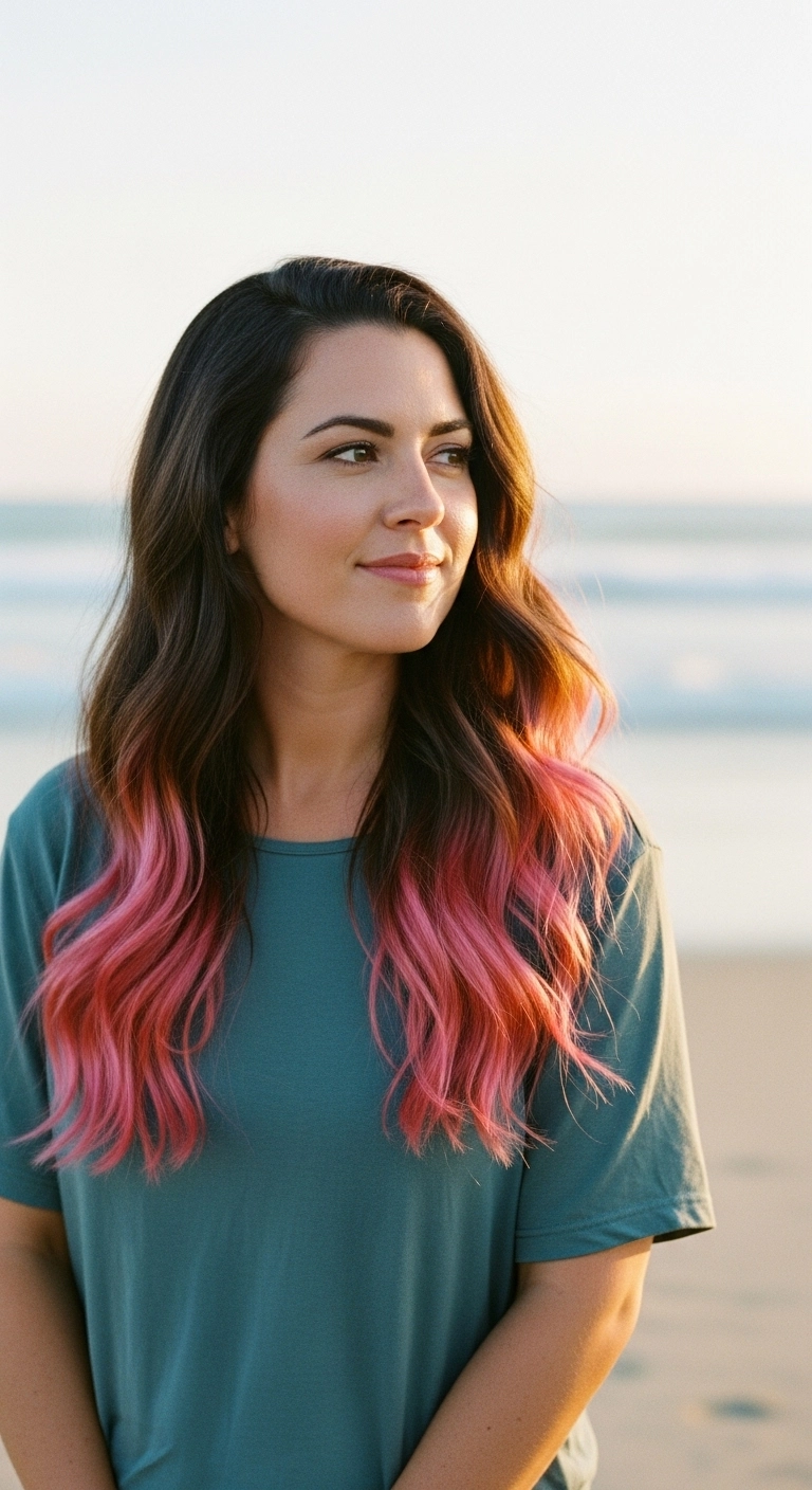 A woman with long dark brown beachy waves, with the ends sharply dip-dyed in a bright watermelon pink.