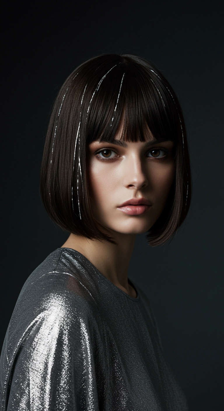 A woman with a sleek dark espresso brown bob featuring a few fine silver tinsel highlights.