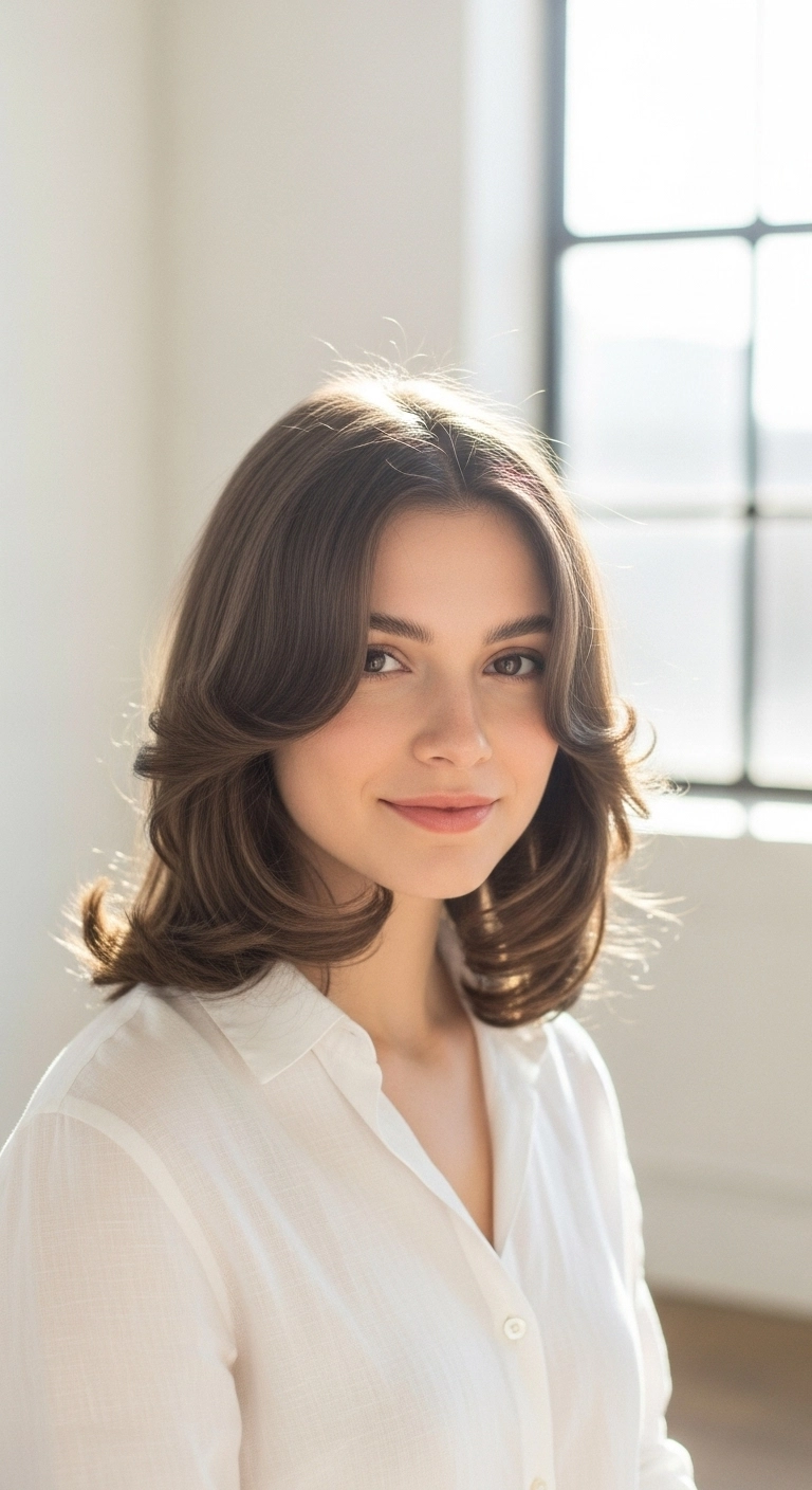 A woman with mid-length ash brown hair featuring soft C-shape layers.