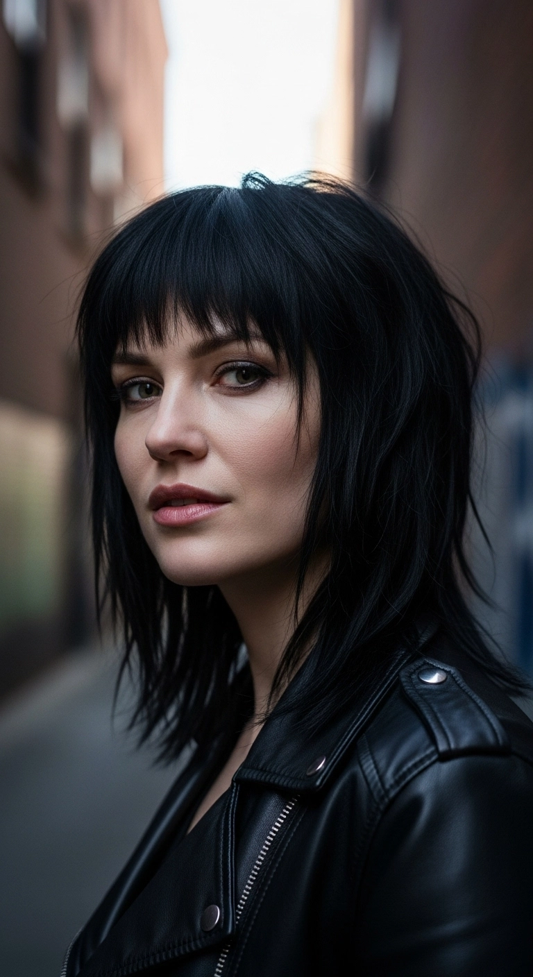 A woman with mid-length black hair and edgy, choppy face-framing layers.