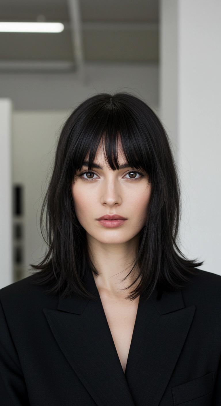 A woman with mid-length dark hair and bottleneck bangs that blend into face-framing layers.
