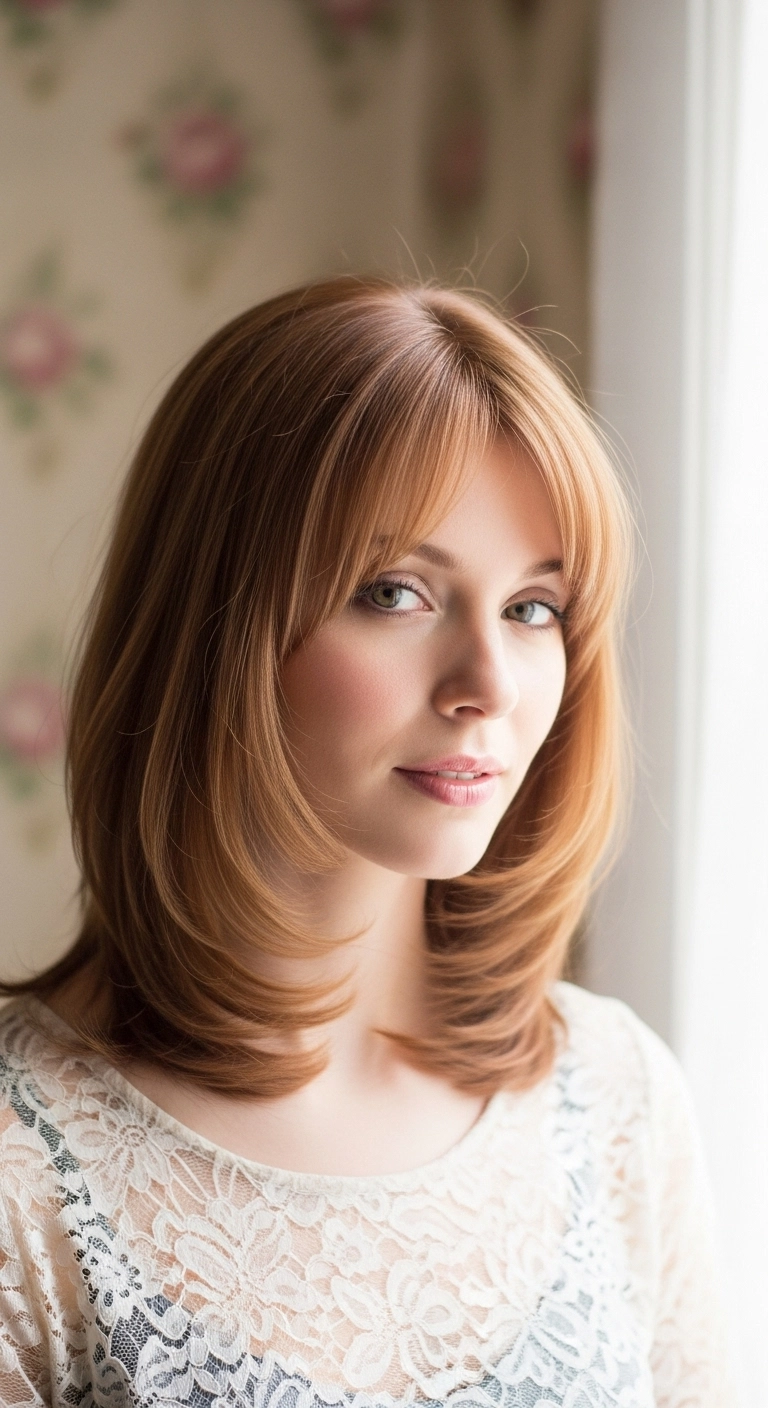 A woman with mid-length auburn hair and a soft curve fringe that blends into layers.