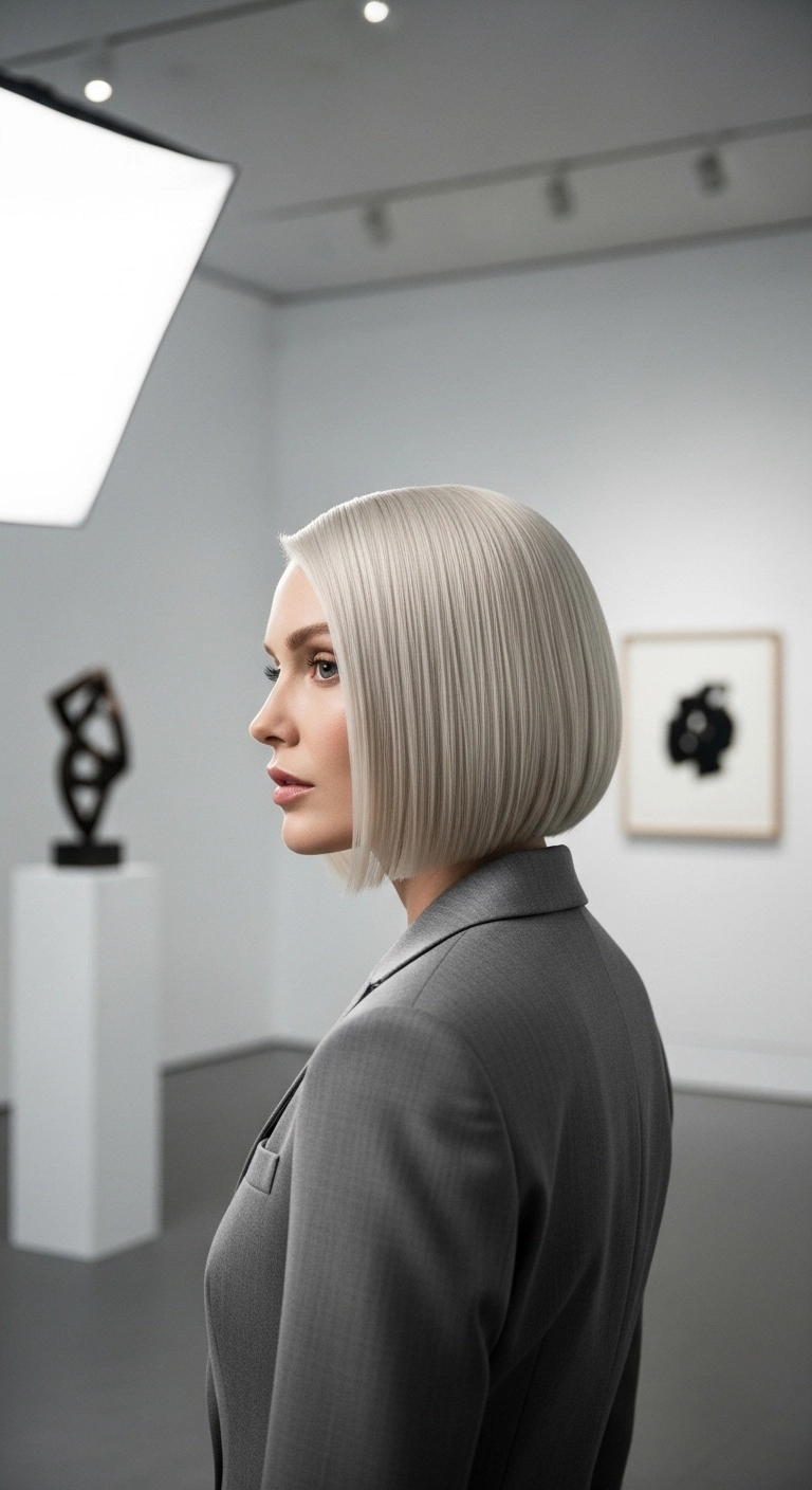 A sophisticated woman with a sleek A-line bob in glossy platinum blonde hair.