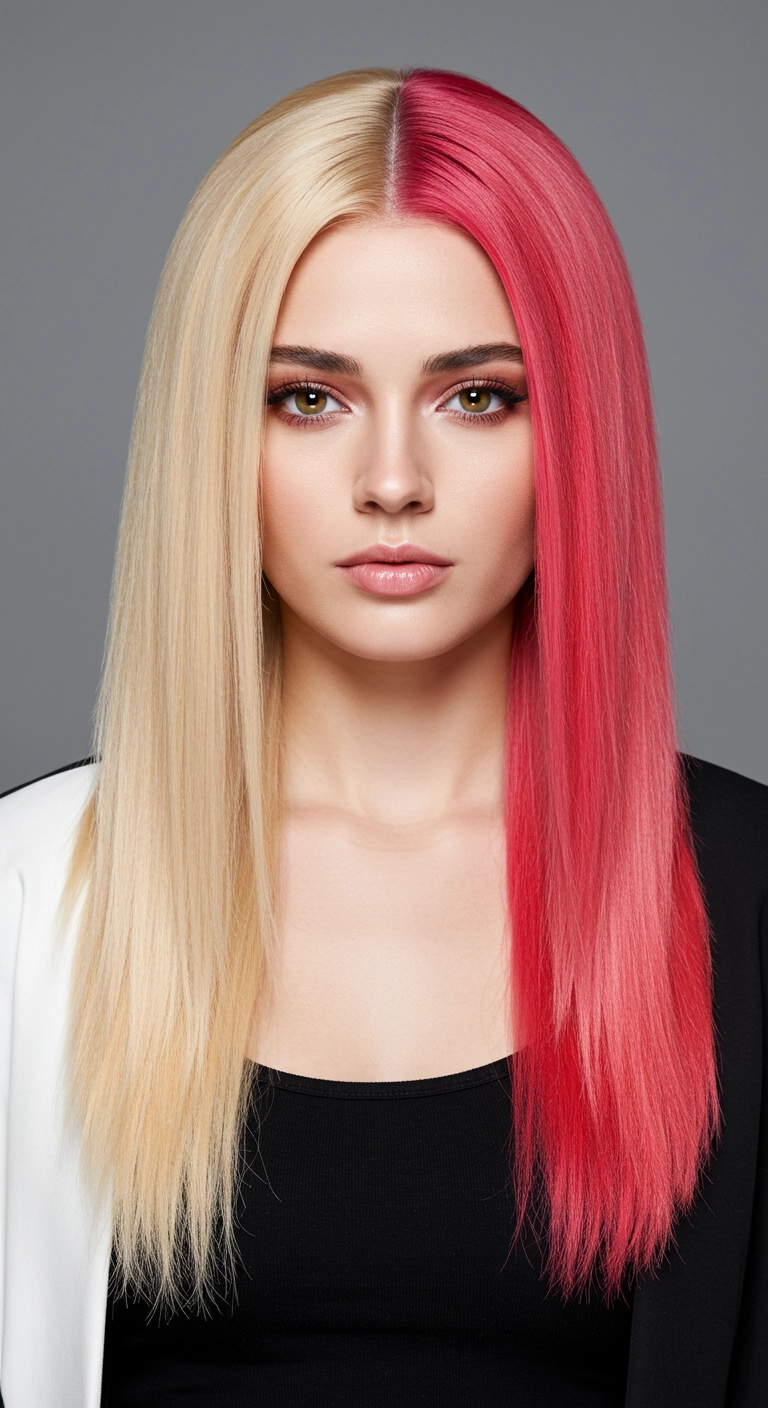A woman with a split-dye hairstyle, with one side blonde and the other side pink.