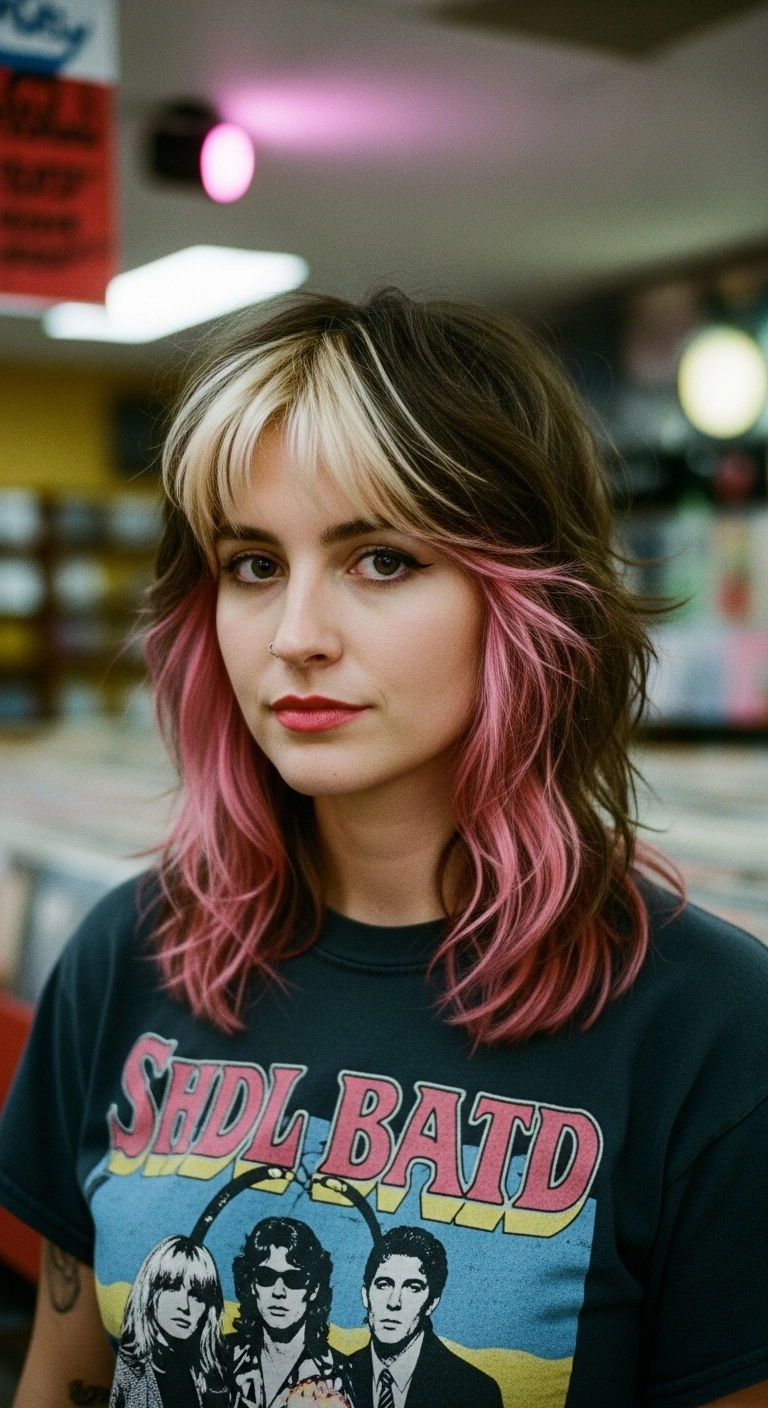A woman with a layered shag haircut featuring chunky Neapolitan highlights.