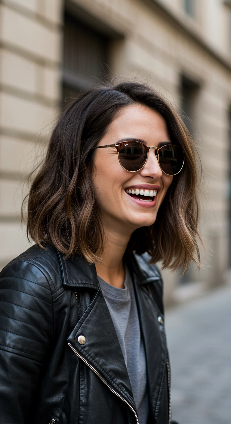 A stylish woman with a wavy, shoulder-length brunette long bob (lob) laughing on a European street.