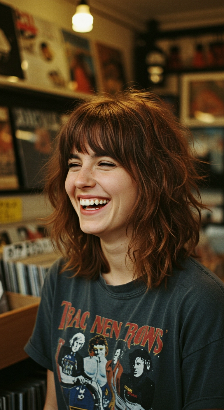 A woman with a chestnut brown shag haircut and curtain bangs, laughing in a record store.