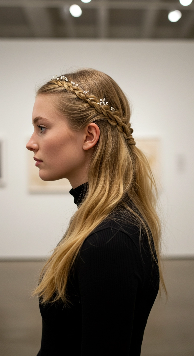 A woman with golden blonde hair wearing a crown braid that flows into a mid-height ponytail.