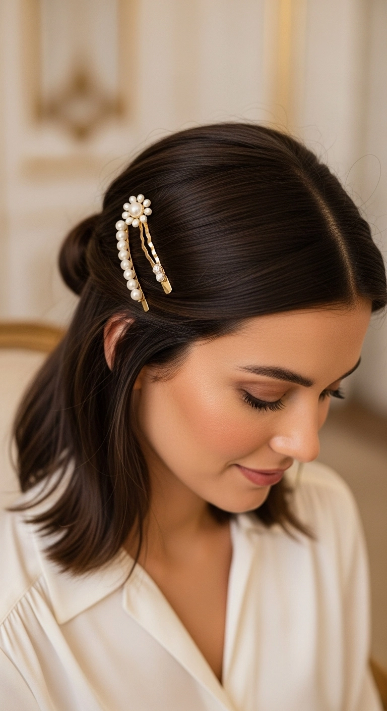 Close-up of decorative pearl and gold clips in a half-up style on dark brown medium hair.