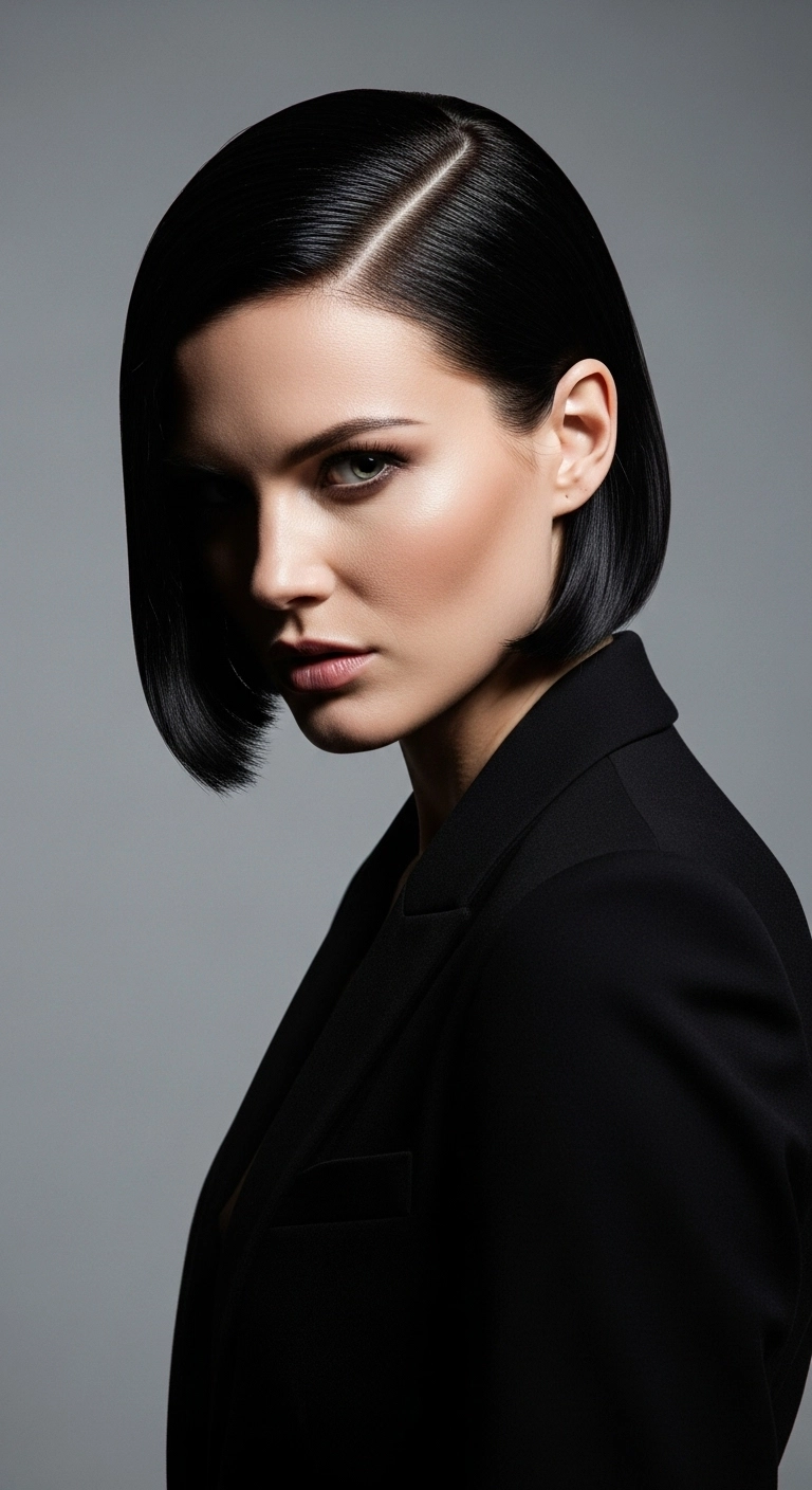 A high-fashion shot of a woman with sleek, straight black medium hair in a tight half-up style.