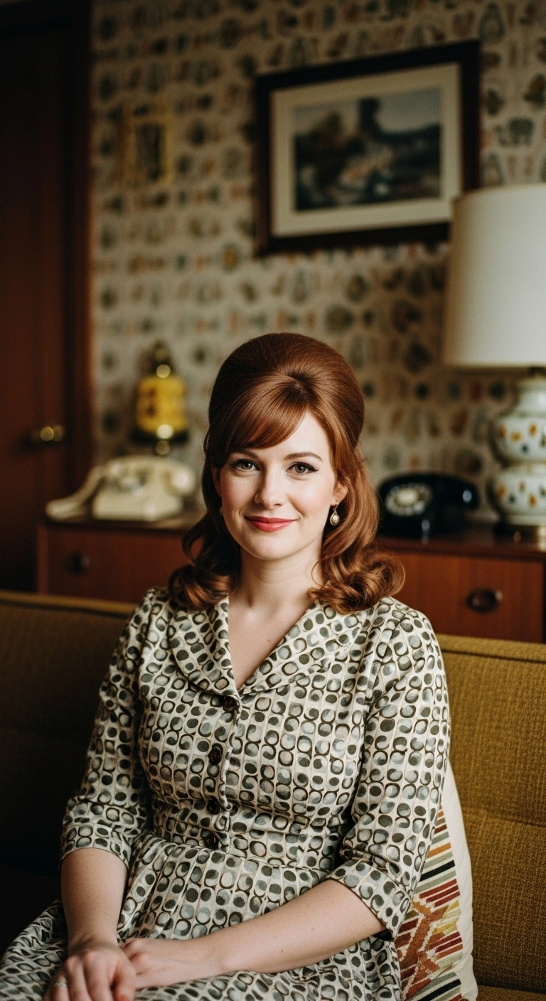A woman with medium auburn hair in a retro-inspired half-up style with a subtle bouffant.