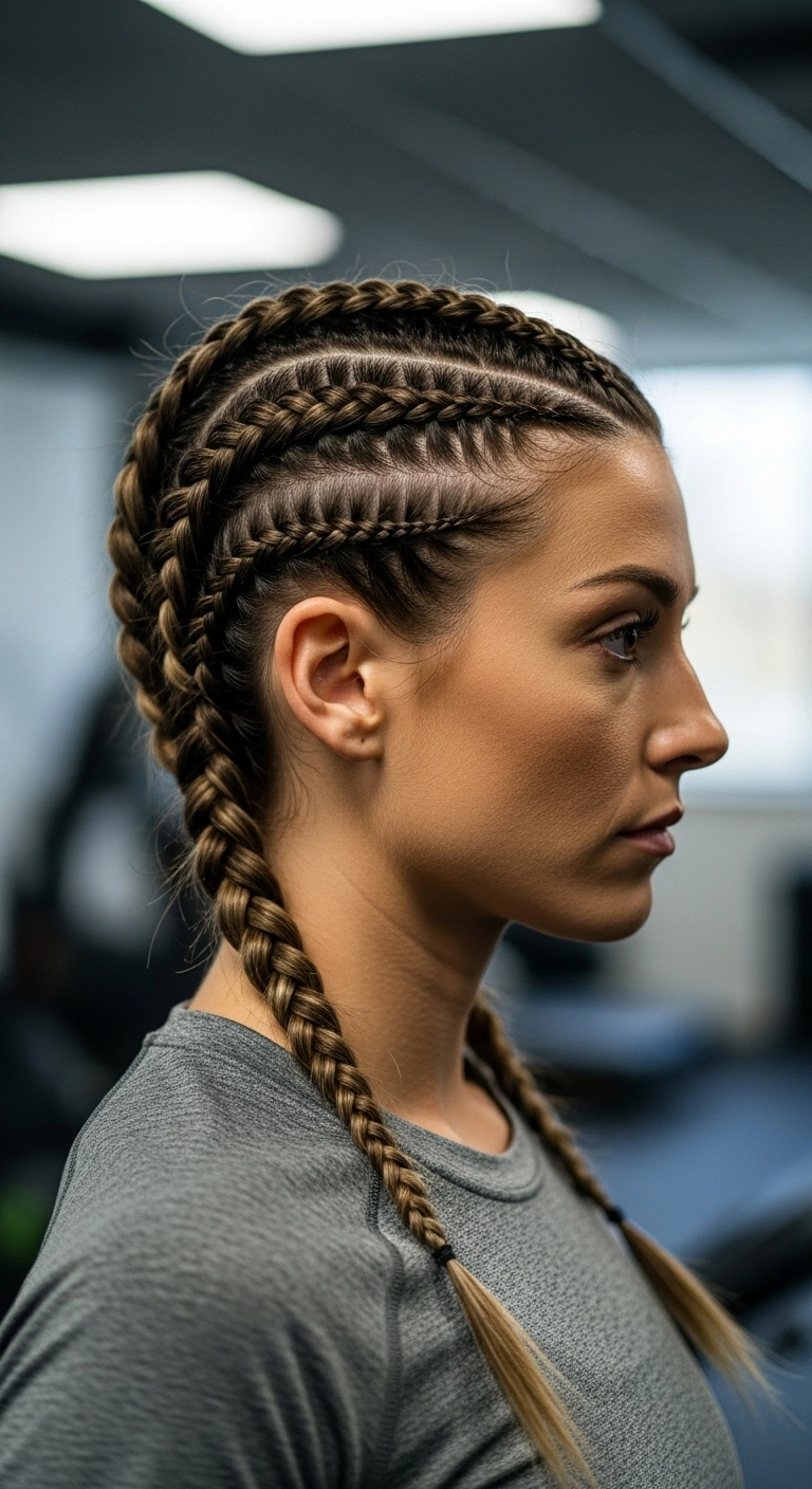 Side view of a woman with medium ash brown hair in a sporty half-up style with two Double Dutch braids.