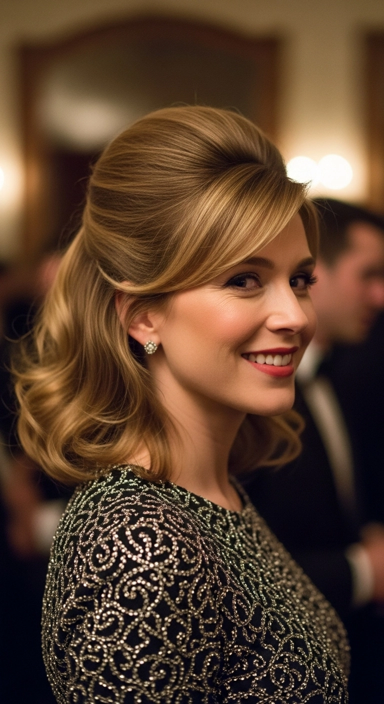 A glamorous woman with medium blonde hair in a voluminous half-up bouffant style.