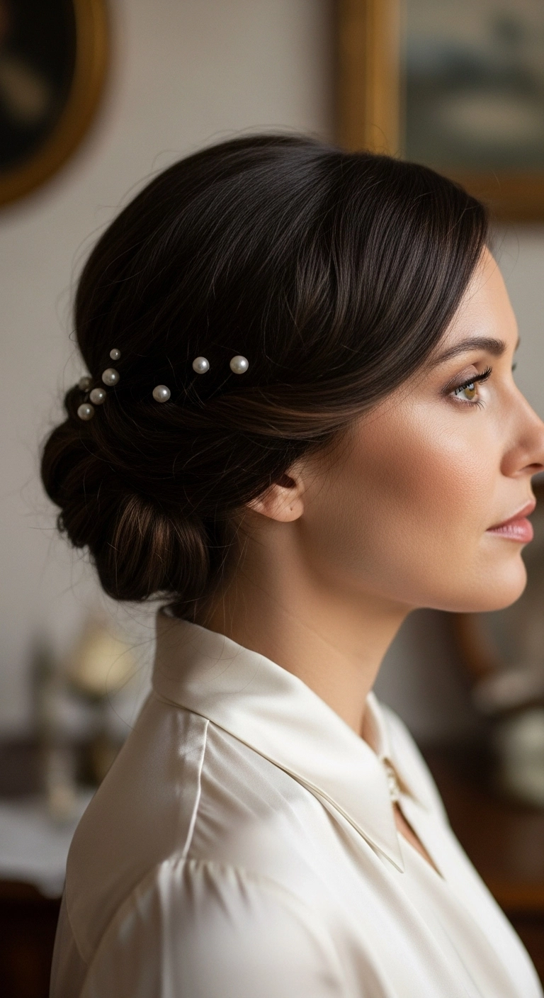 A close-up of a half-up twist on medium dark hair, elegantly decorated with pearl pins.